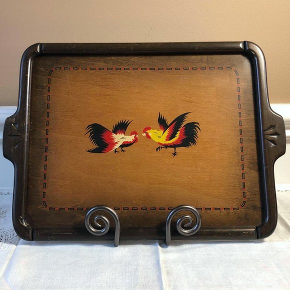 Vintage hand painted roosters wooden serving tray - Picture 1 of 11